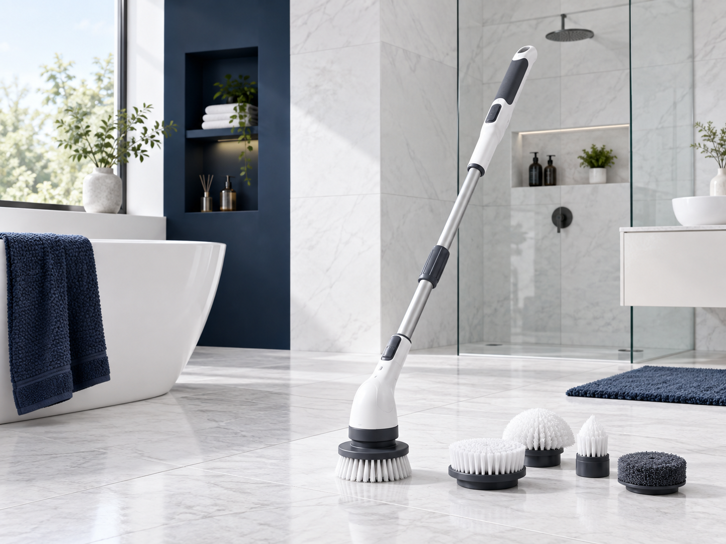 Draadloze elektrische scrubber met verschillende opzetborstels in een moderne badkamer